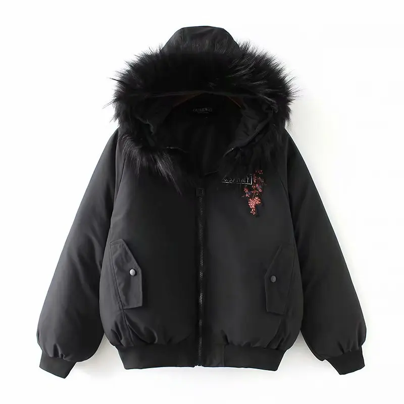 

Winter New Products Korean-style WOMEN'S Wear Loose-Fit Slimming Fashion Large Fur Collar Hooded Cold Short Embroidered Cotton C