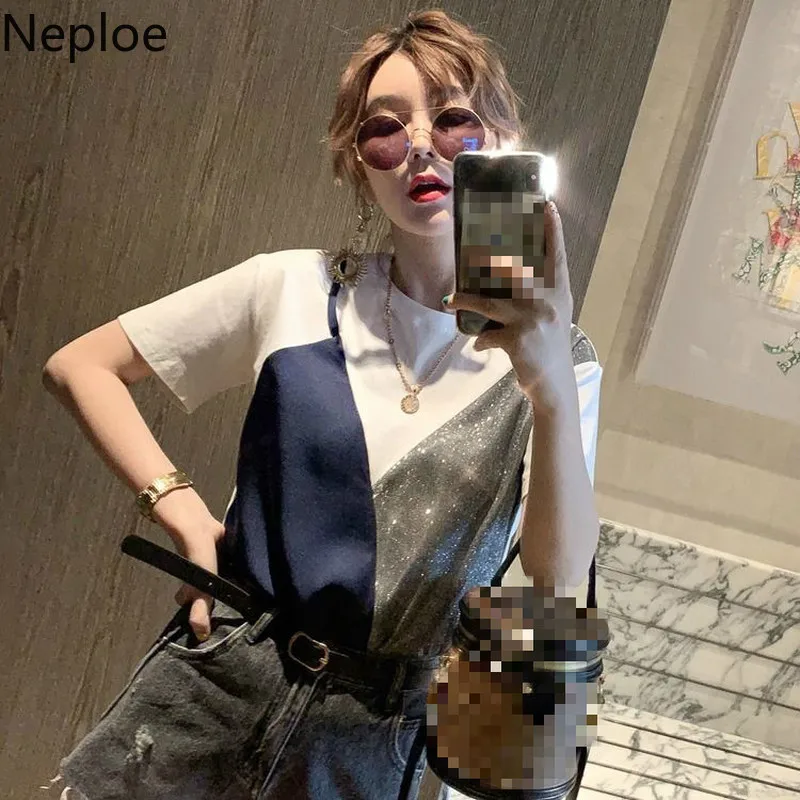 Футболка Neploe в стиле пэчворк Женский Топ контрастных цветов горошек с круглым