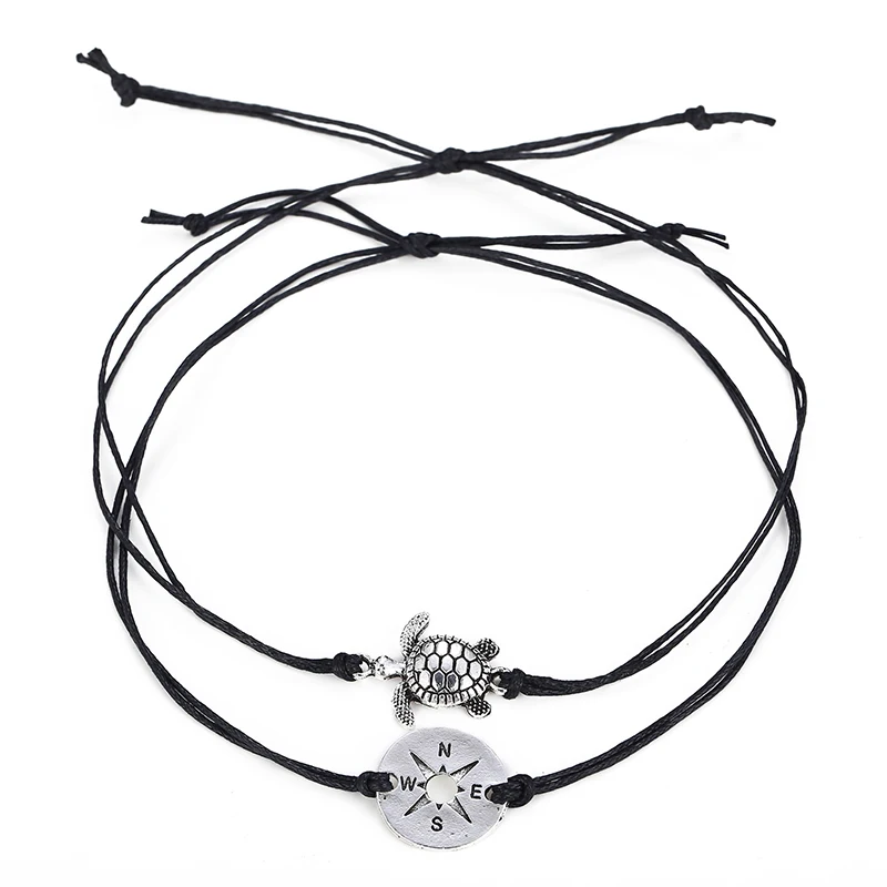 Boho простой черный белый кожаный браслет для женщин Серебряный цвет черепаха двойной слой лодыжки браслет пляжная бижутерия для ног X226