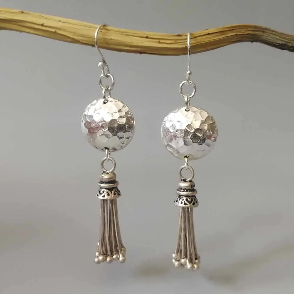 

925 Sterling Silver Flat Ball Tassel Drop Earrings Handmade Hammer Face Earrings Ethnic Jewelry For Women Party Gifts