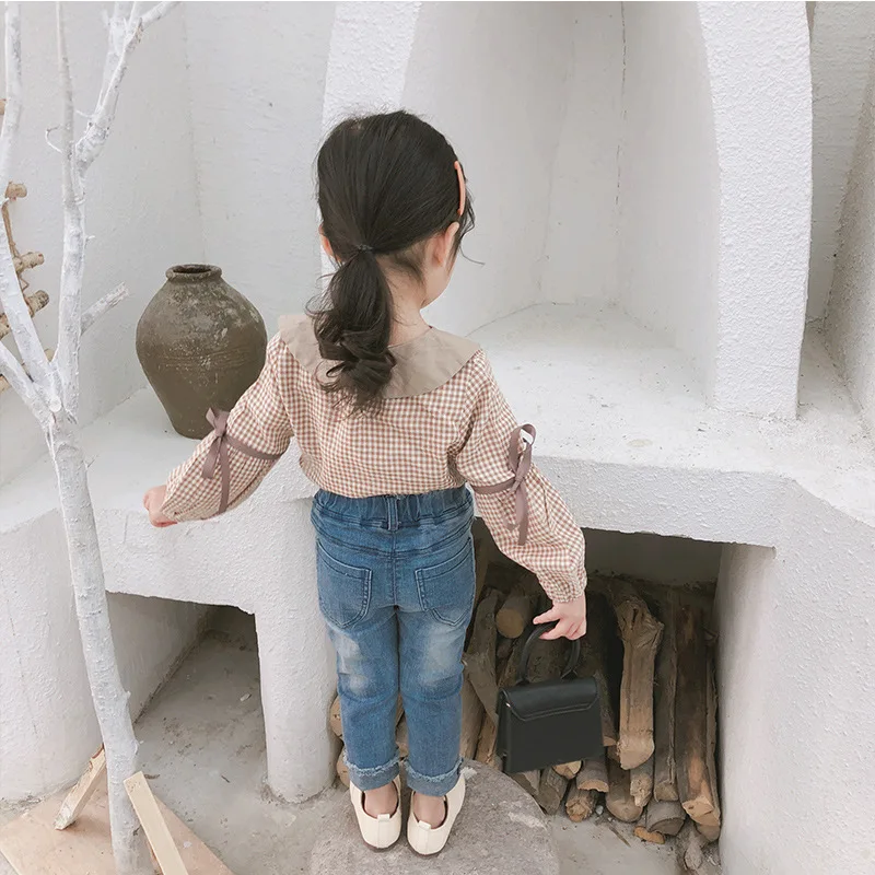 Новинка года; детская рубашка с воротником в стиле Питера Пэна в южнокорейском стиле блузка с длинными рукавами в клетку с лентами для девочек