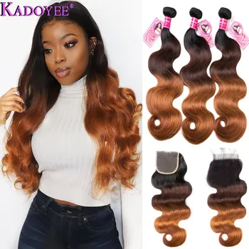 

KADOYEE 1B/4/30 Ombre Body Wave Human Hair Bundles With Closure Brazilian Remy Hair Weave 3Bundles With Closure 8-26 Inches