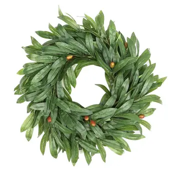 

16 Inch Door Wreath Artificial Real Wicker Frame Faux Olive Leaves | UV Resistant Farmhouse Home Decor Built-In Hanging Loop Stu