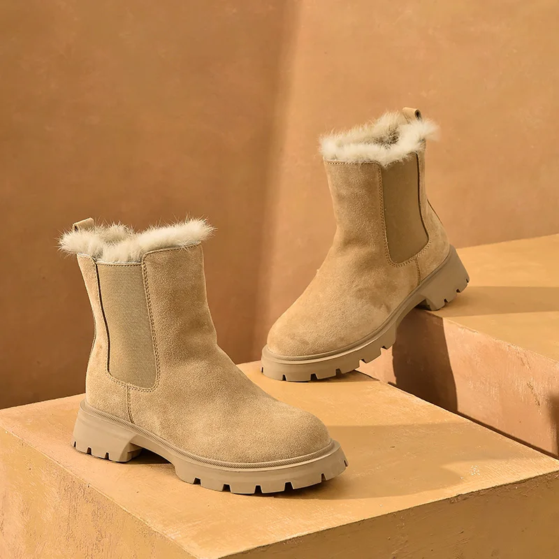Women Snow Boots BeauToday Chelsea Boots Women Suede Leather Snow Boots Warm Fur Round Toe Ladies Platform Shoes Handmade 08206