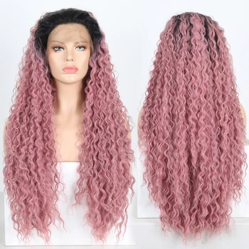 

Charisma Synthetic Wigs for Black Women Long Kinky Curly Wig Heat Resistant Rose Pink Wig With Black Roots Lace Front Wig