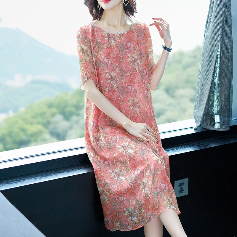 

2020 Summer Oversize Dress Women's New Fashion Printed Imitation Silk Short Sleeve Dress Loose Plus Size Dress M 4XL