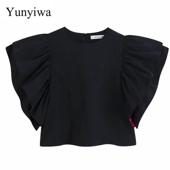 

2020 Autumn Women O Neck Flare Sleeve Casual Loose Blouses Ladies Stacked Ruffles Smock Shirts Black Color Chemise Tops