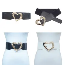 New Women Elastic Stretch Wide Waist Belt With Irregular Gold Heart Buckle Smooth Black PU Leather Fashion Dress Deco Belt