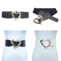 New Women Elastic Stretch Wide Waist Belt With Irregular Gold Heart Buckle Smooth Black PU Leather Fashion Dress Deco Belt