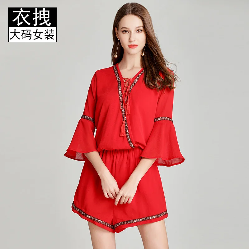 

Red Beach Culottes 2018 New Style Summer Plus-sized Womenswear Size Ethnic-Style Onesie One Piece Loose Pants Large Size Shorts