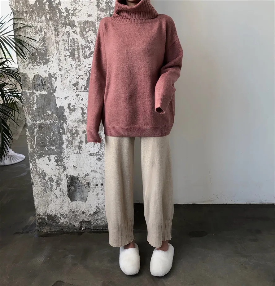 

High Collar Knit Loose-Fit Sweater + Thick Casual Knit Pants Set