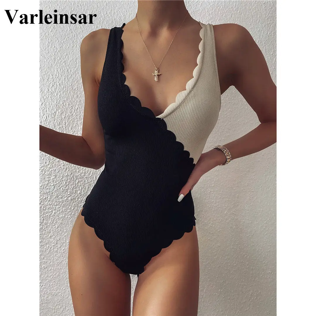 Женский купальный костюм с волнистым узором, черный и бежевый цвета, модель 2020, V2425|Комбинезоны|   | АлиЭкспресс