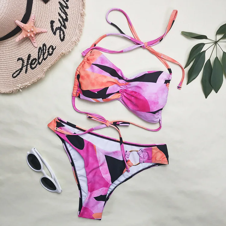 

2022 Sexy Halter Ring Linked Bikini Women Swimwear Female Swimsuit Two-pieces Bikini Set High Leg Cut Bather Bathing Suit Swim