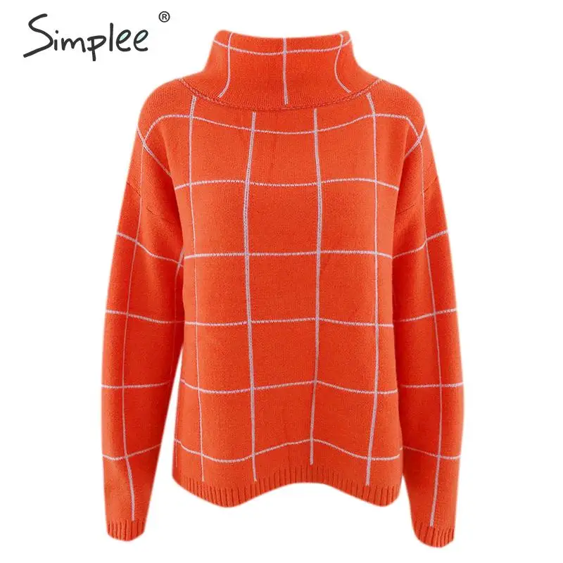 Simplee, Женский клетчатый свитер, водолазка, мягкий, длинный рукав, повседневный пуловер, свитер, уличная одежда, женские шикарные свитера на осень и зиму - Цвет: Оранжевый