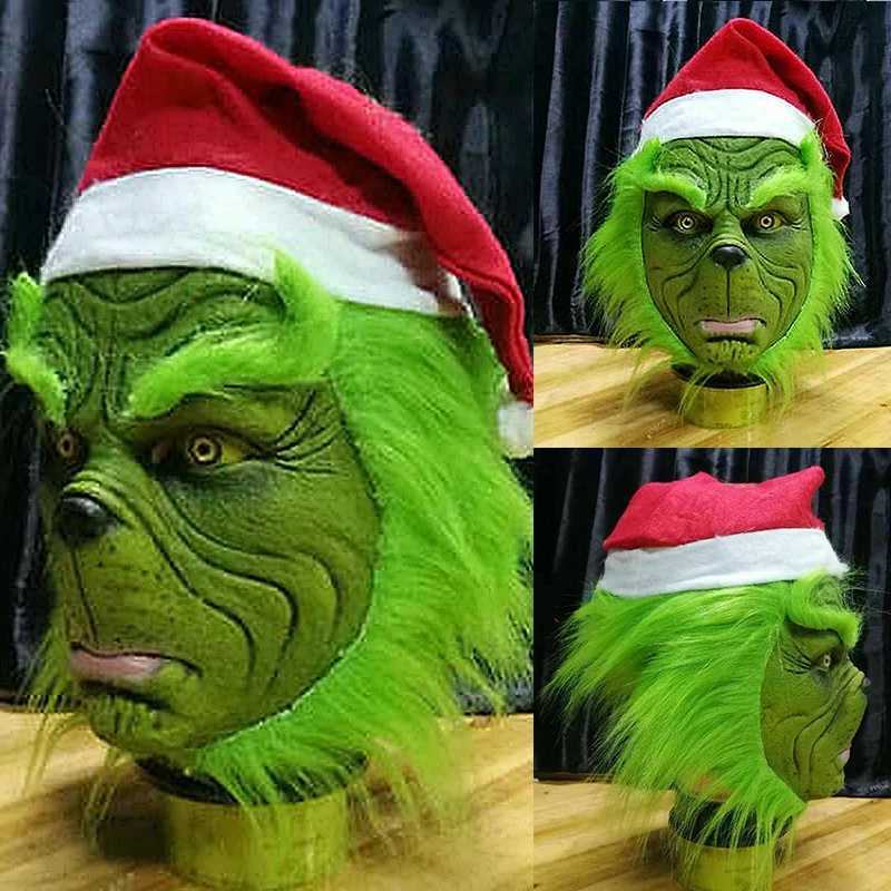 The Grinch Full Head Latex Mask Wig And Xmas Hat Monster Adult Christmas Costume