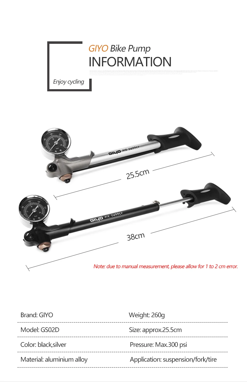 GIYO GS-02D Foldable 300psi High-pressure Bike Air Shock Pump with Lever & Gauge for Fork & Rear Suspension Mountain Bicycle