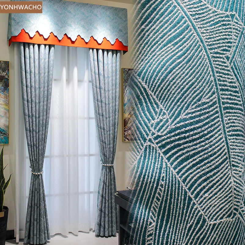 

Custom curtain New Nordic modern luxury jacquard living room simple blue cloth blackout curtain valance tulle panel C093