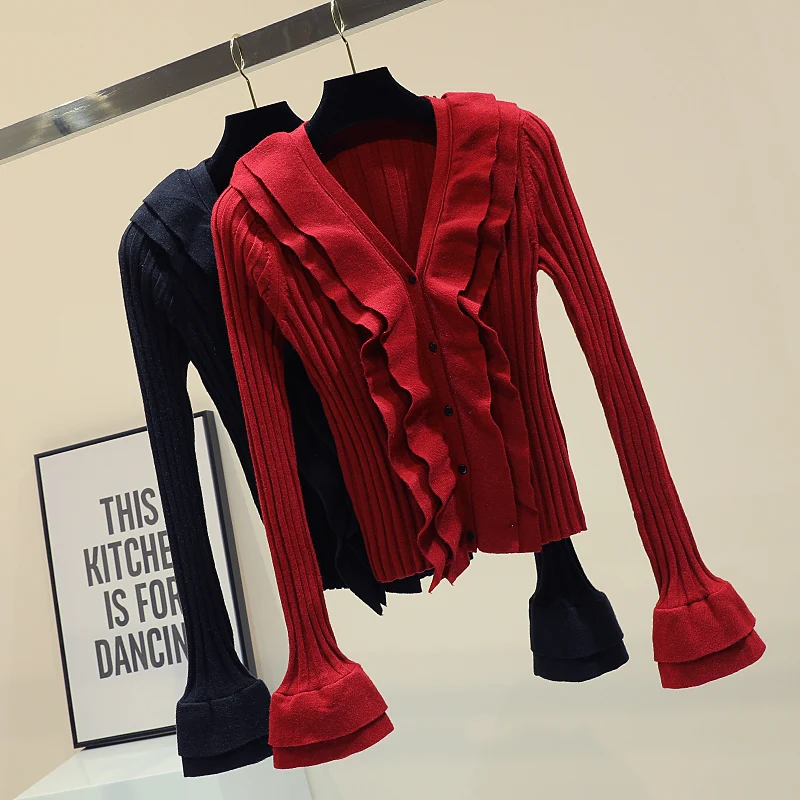 Best Price 2019 Autumn New Knitted Cardigan Sweater Women Slim Horn Sleeve V-neck Sweater Coat Girl Lady Jumpers Slim Knit Sweaters Coat