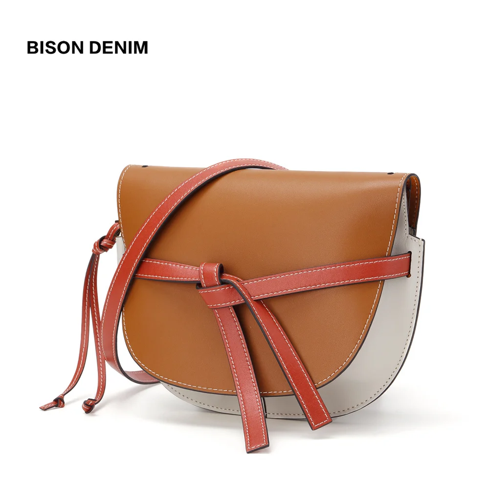 

BISON DENIM Genuine Leather Crossbody Bag for Women Saddle women shoulder bag High Quality Messenger Bag bolsa feminina B1561