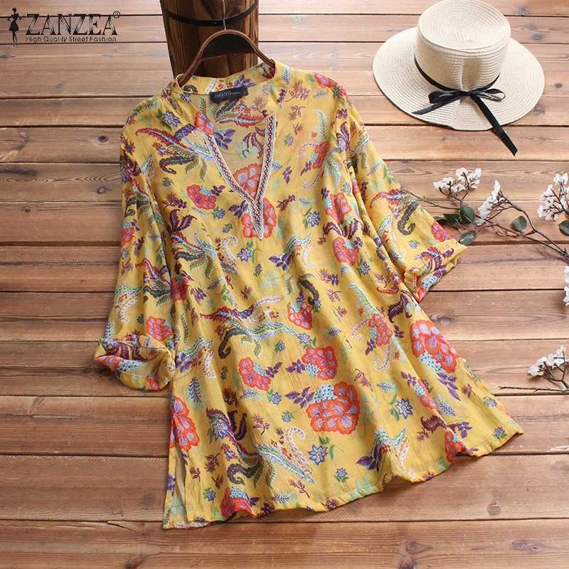 

Women 3/4 Sleeve V Neck Floral Printed Blouse Summer Tops ZANZEA Vintage Party Blusas Chemise Femininas Shirts Mujer Tunic Top
