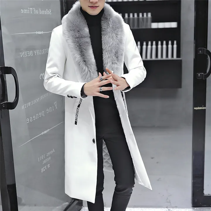 Новинка, зимний блейзер с меховым воротником, длинное Мужское пальто с мехом, мужская деловая Повседневная кожаная куртка, флисовое теплое толстое пальто XXXL - Цвет: White