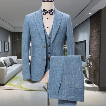 

Mens Blue Linen Suit British Style 3 Piece Slim Fit Wedding Suits For Men Casual/Business Summer Beach Groom Best Man Blazer