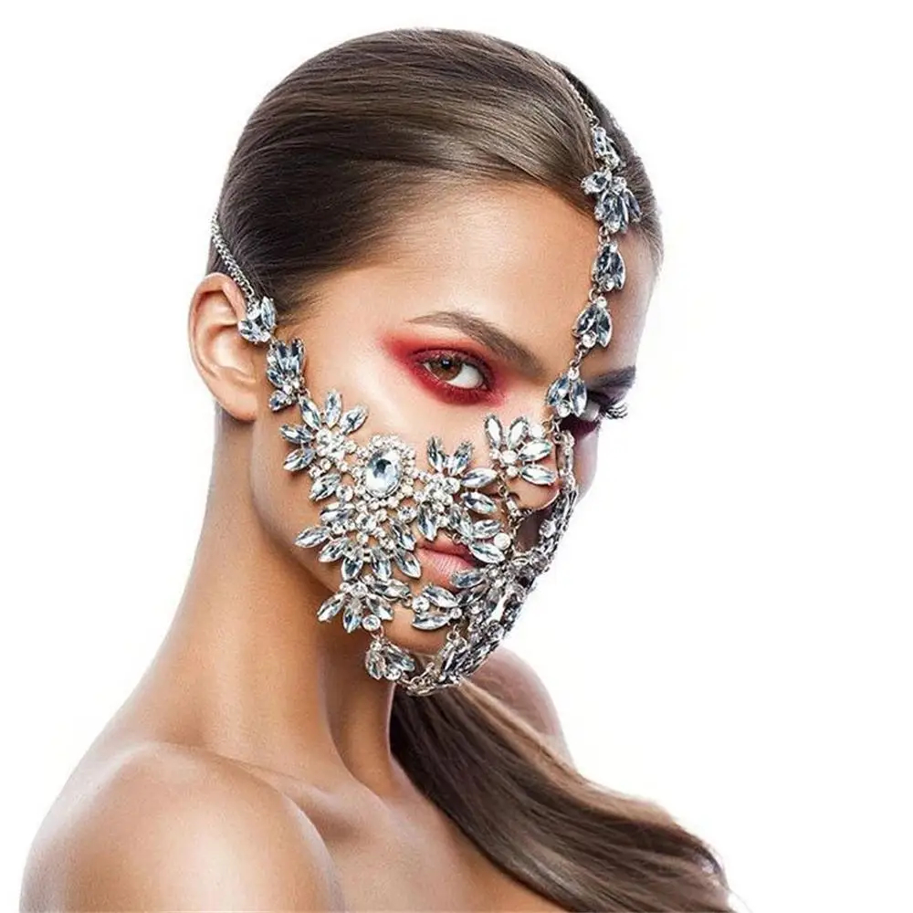 Sexy Exaggerated Rhinestone Ladies Fashion Mask Halloween Shiny Crystal Masquerade Mask Party Jewelry Accessories Face Chain
