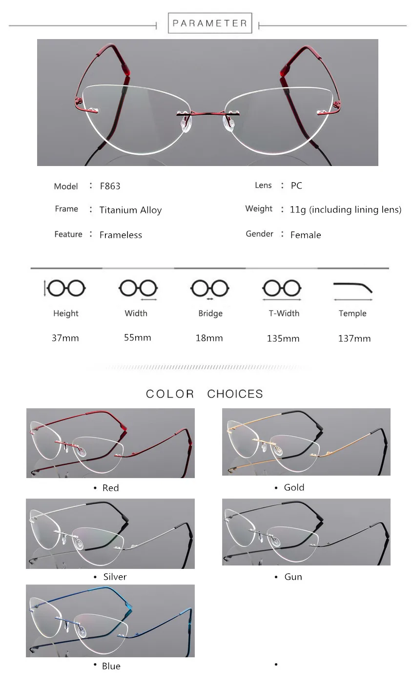 Female Rimless Titanium alloy Glasses Frame, Women Ultralight Cat Eye Eyeglasses Frames, Prescription Presbyopia Myopia Optical