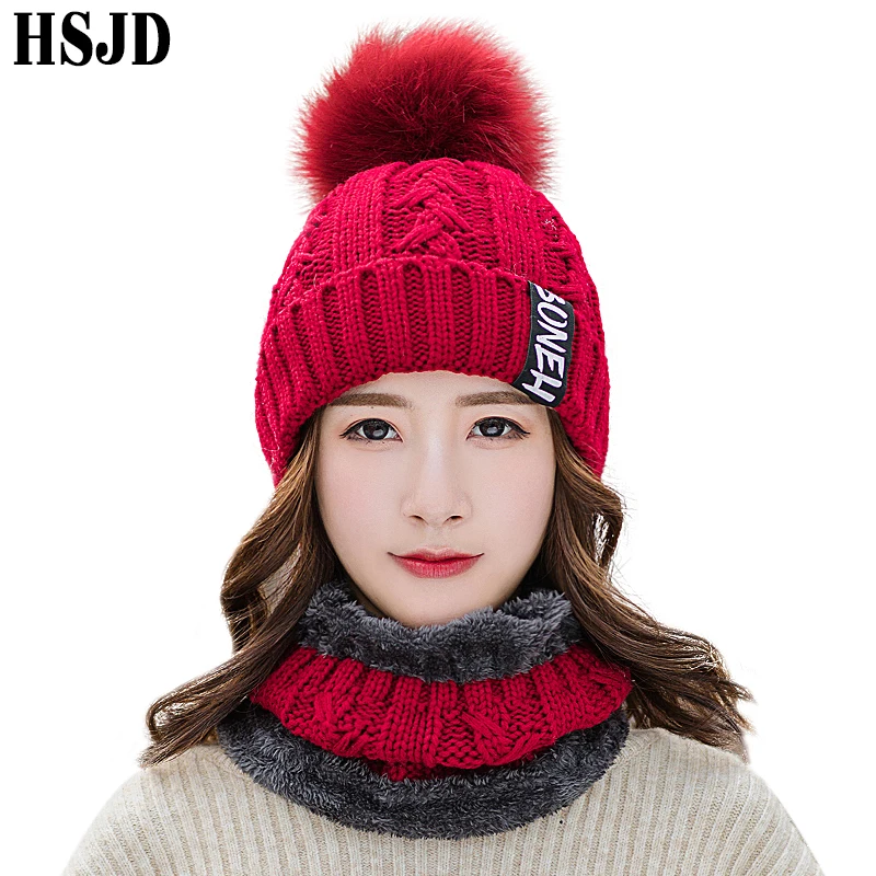 

2019 New Female Winter Knitted Hats Scarf Set 2pcs Solid Color Letter Casual Women Beanies Hat Warm Skullies Beanies Cold Cap