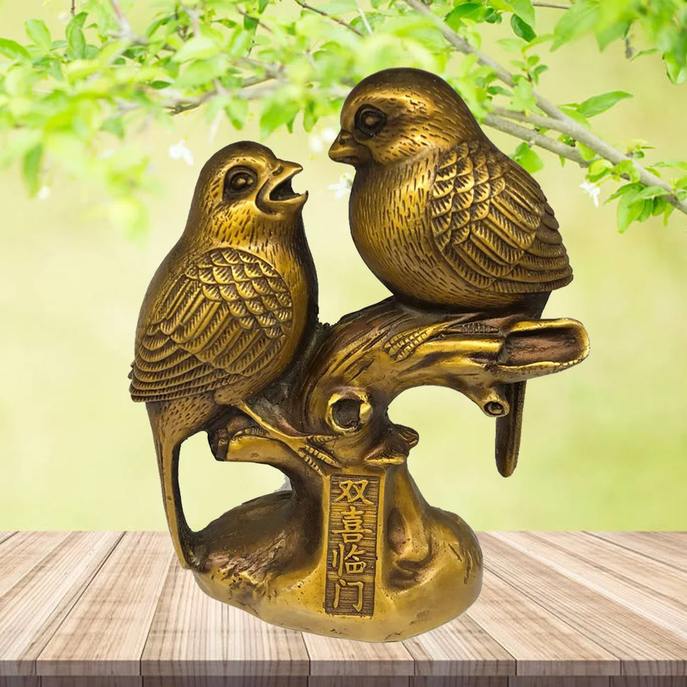 

Древние китайские украшения для птиц из чистой меди, двойное счастливое украшение, домашние украшения, латунная фигурка животного старинные коллекционные предметы