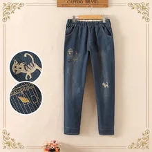 Новые тонкие джинсы с завышенной талией, брюки с вышивкой кота, винтажные брюки с эластичной резинкой на талии, длинные брюки, свободные ковбойские брюки, джинсы для женщин