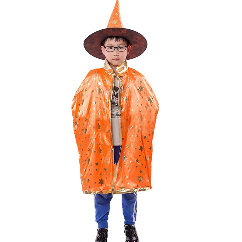 Хэллоуин Косплэй костюм для детей волшебник, ведьма шляпа для девочек фантастический плащ+ шапка с бубоном, обшивной комбинезон аксессуары для карнавала - Цвет: Оранжевый