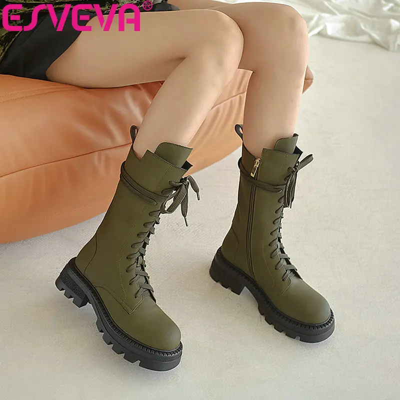 

ESVEVA 2022 Women's Shoes Fashion Round Genuine Leather Motorcycle Boots Women Comfortable Winter Shoes Size 34-39