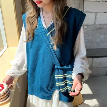 

Girls Vest 2019 Autumn Winter V-neck Ruched Causual Knitted Solid Loose Womens Vests Free Bag Students Sweet Ladies Tops