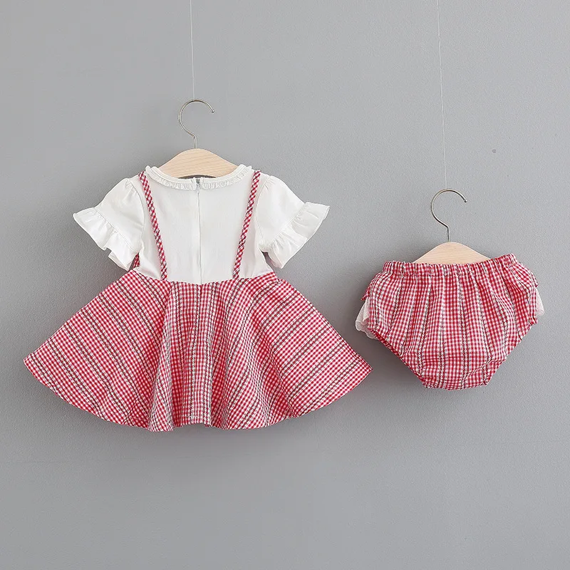Одежда для новорожденных летняя хлопковая футболка в клетку для малышей платье+ штаны с переливами, комплект одежды из 2 предметов детская одежда для малышей, комплект одежды для маленьких девочек