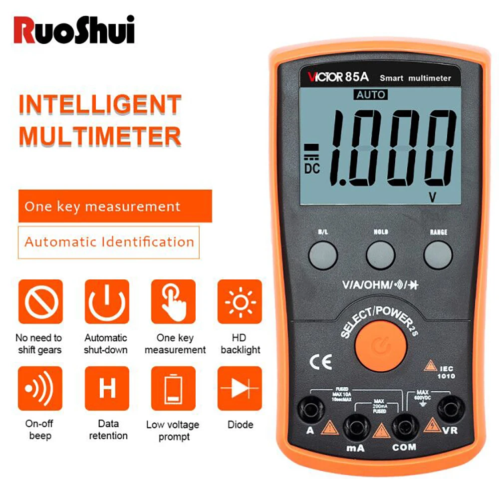 

RuoShui 85A Multimeter Digital High Precision Automatic Intelligent Multi-Function Anti-Burn Ammeter Voltage Current Ohm Tester