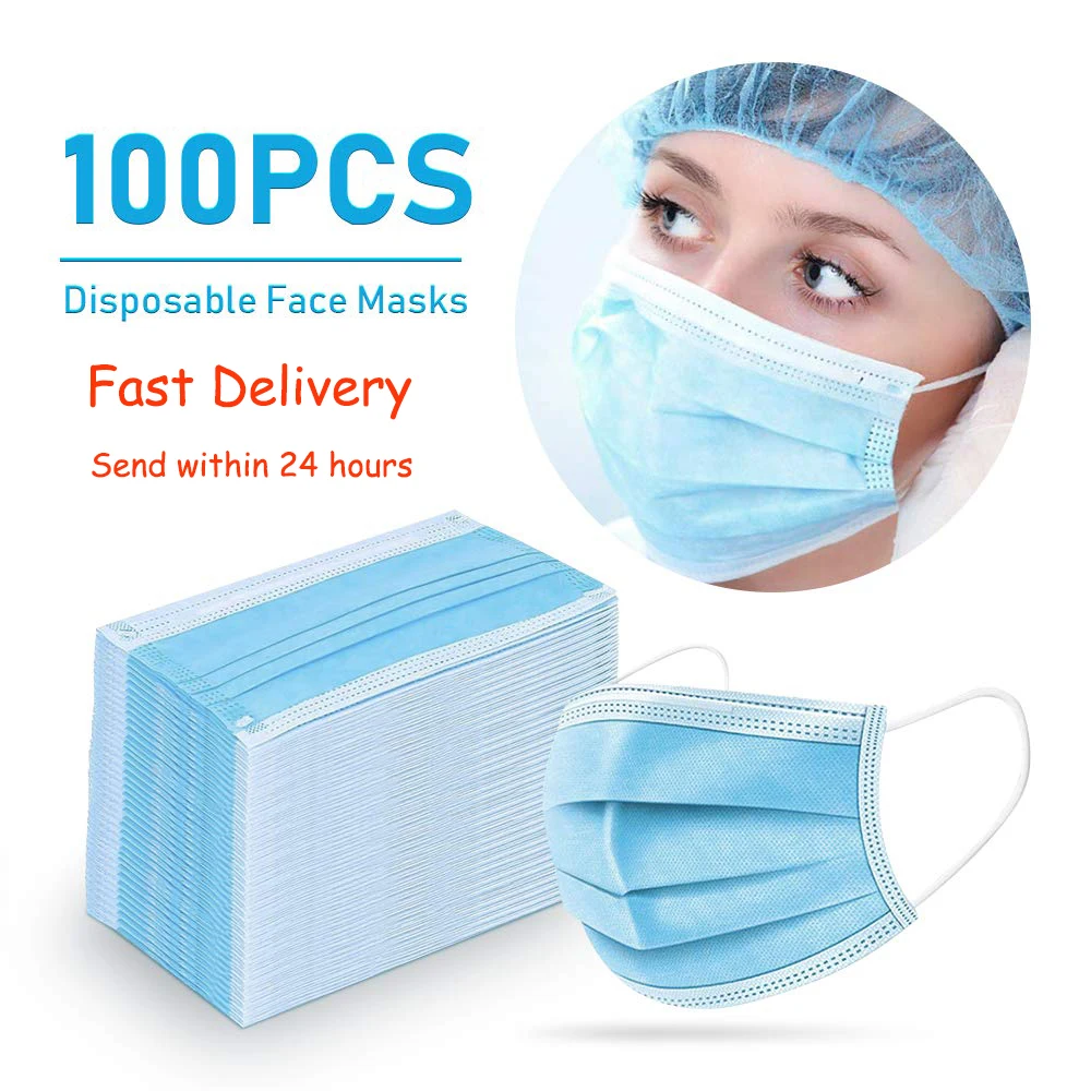 

24H Ship 100PCS Disposable Face Mask with Elastic Ear Loop Three Layer Breathable Non-Woven Fabric Masks Disposable Masks Adults