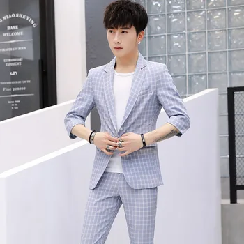 

Season Slim Fit Trend Men Middle Sleeve Leisure Handsome Suit Second Piece Set Multicolor Seven Points Pants