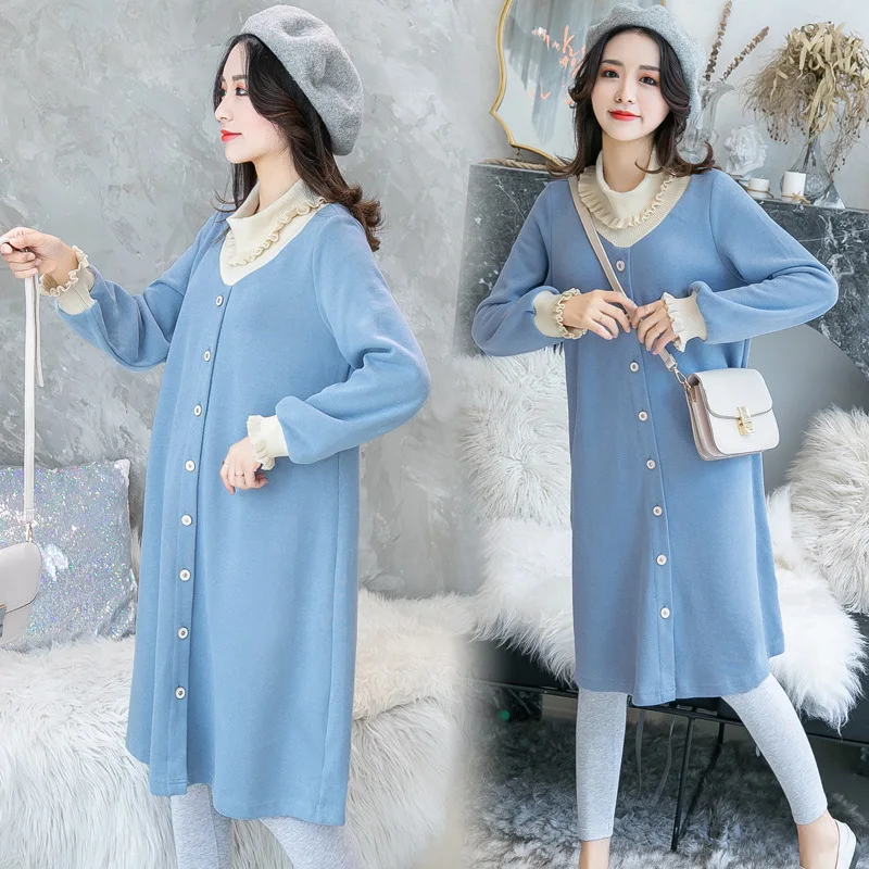 

Maternity Clothes Autumn Clothing New Style Korean-style Loose-Fit Mid-length Tops Long Sleeve Lace Mid-length Pregnant Women Nu