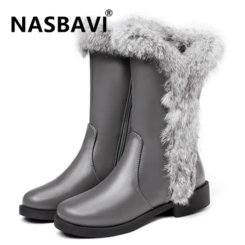 

Winter Women Snow Boots Warm Mid-calf boots round toe mid heel non-slip Zipper Casual Women Rabbit hair shoes women boots 2019