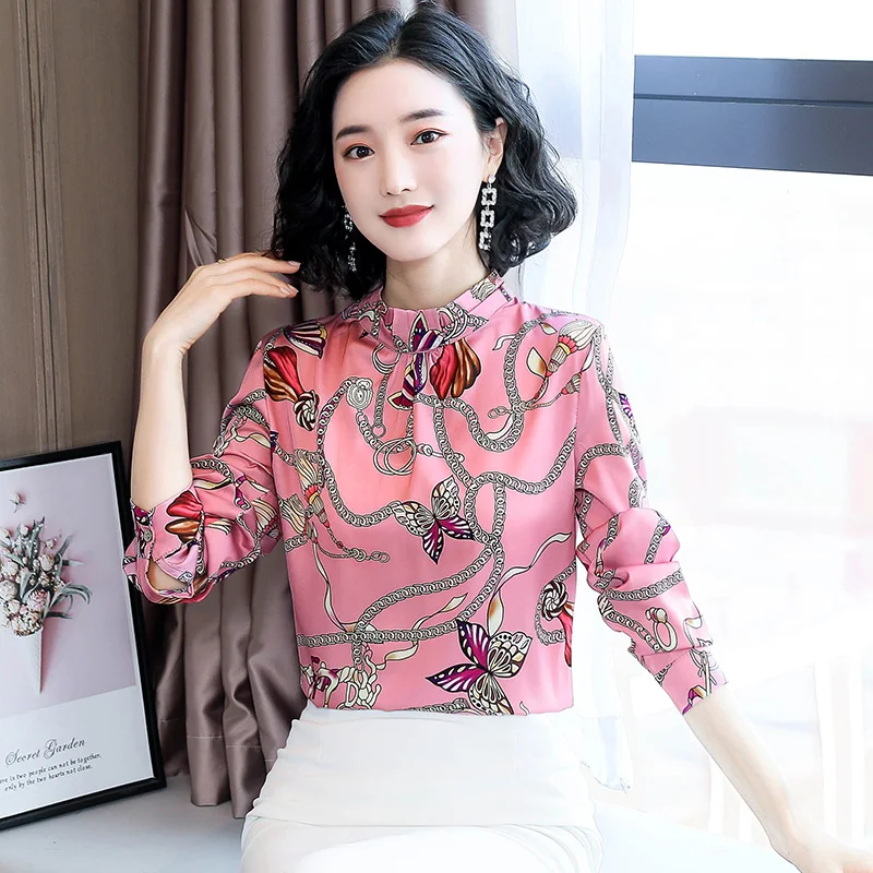 

Office ladies business wear 2020 autumn women long-sleeved fashion butterfly round neck fashion elegant temperament printed top