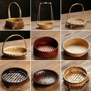 

Handmade Bamboo Woven Fruit Basket Chinese Retro Basin Steamed Bread Tray Dried Storage Box Tea Cake