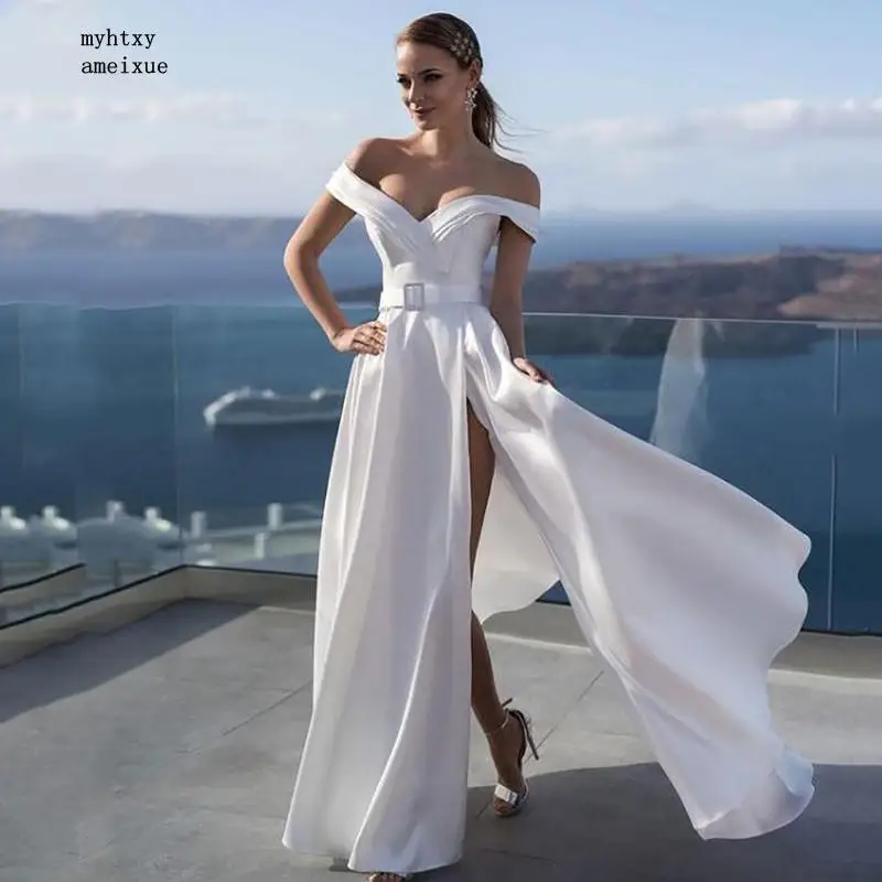 

A Line Beach 2023 Off The Shoulder Vestido De Noiva Side Split Abiti Da Sposa Simple Boho Plus Size Wedding Dress Wedding Gowns