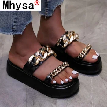 Sandalias de plataforma con decoración de cadena para mujer, chanclas cómodas de cuero para interiores y exteriores, zapatillas de playa, 2021