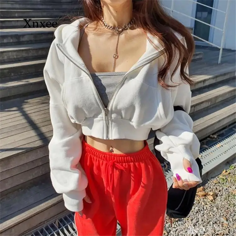 

Long Sleeve Jacket Zipper Hoodie Women Crop Top Solid Pocket Loose Streetwear Harajuku Autumn Winter Outwear Casual Coat Clothes