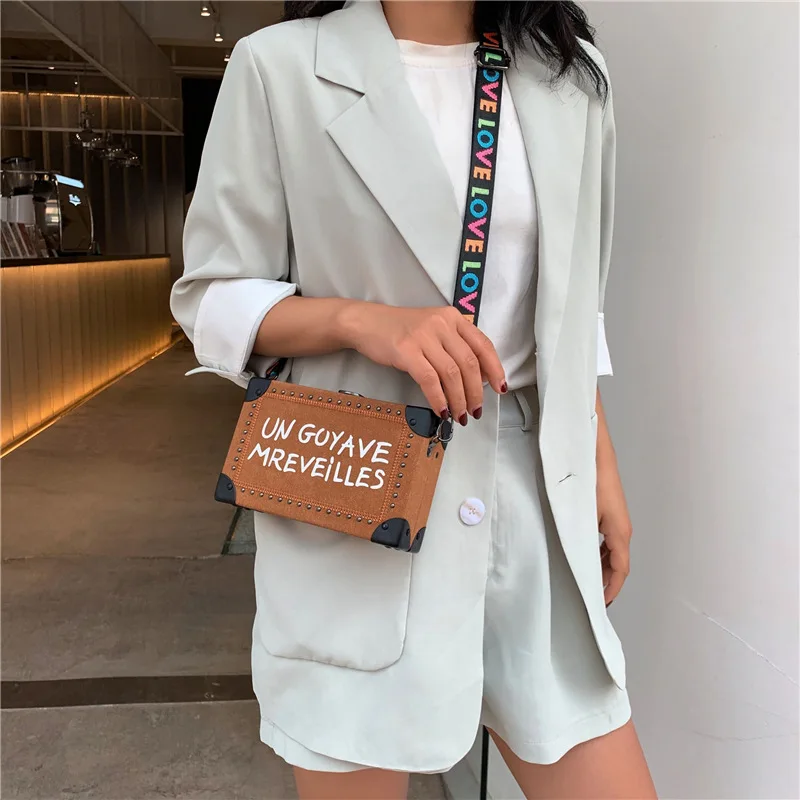 

New Arrival Bag Women's Ins2019 Trendy Letters Rivet Square Sling Bag Wide Strap Shoulder Oblique Box Bag Small
