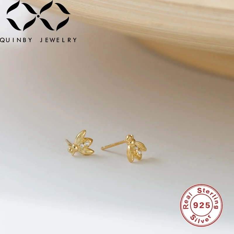 Quinby Gold Color 925 Sterling Silver Stud Earrings for Women with Cubic Zirconia Bee Diamond fashion Wedding Jewelry | Украшения и