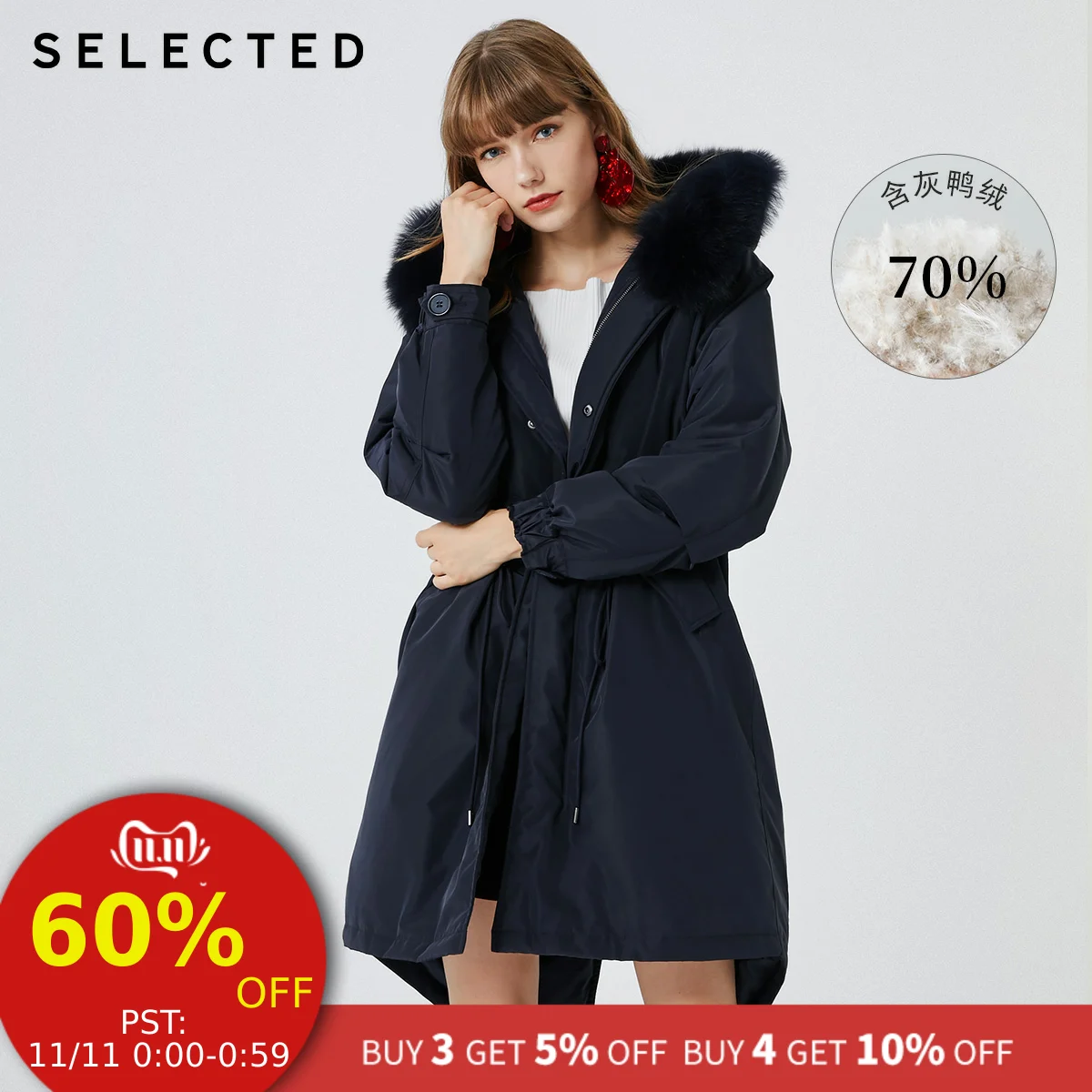 

SELECTED Women's Fox Fur Collar Mid-length Hooded Down Jacket S|419412524