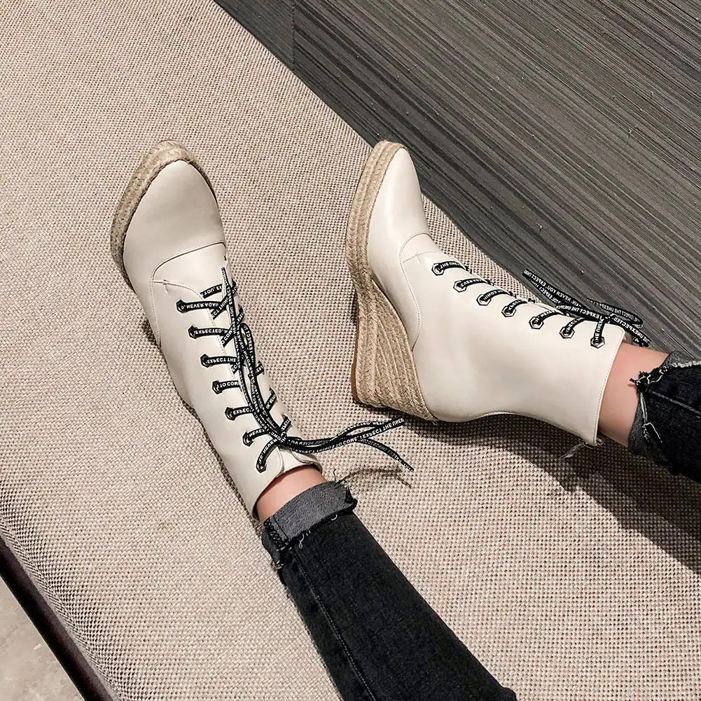 

SARAIRIS 2020 Plus Size 44 Straw Wedges High Heels Fashion Woman Boots Female Shoes Shoelace Top Quality Ankle Boots Women Shoes