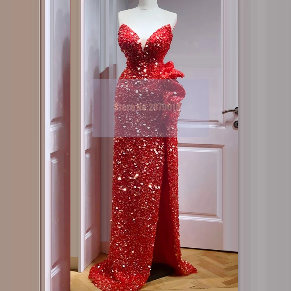 

Illusion Sparkly Red Evening Dress Sheath Full-Length Sequins Prom Dress High Slit Gown Dress Formal Party Dress 2020 Dubai
